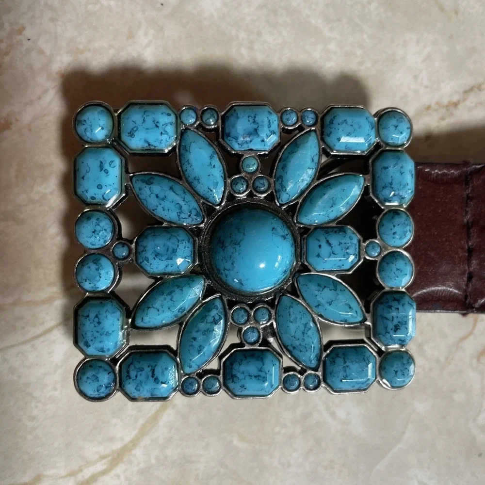 Vintage Southwestern Cowboy Cowgirl Belt‎ Buckle Faux Turquoise Alloy Accessory